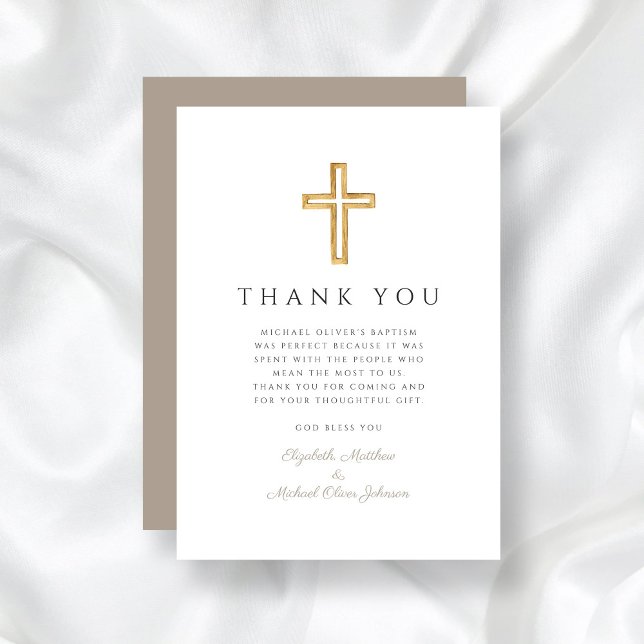 Elegant Taupe Cross Boy Baptism Thank You Card (Elegant Taupe Cross Boy Baptism Thank You Card)