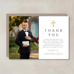 Elegant Taupe Cross Boy First Communion Photo Thank You Card