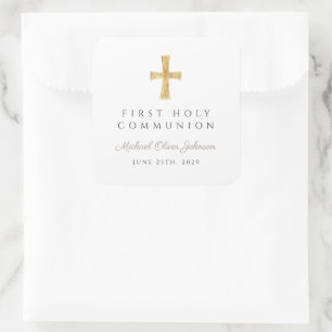 Elegant Taupe Cross Boy First Communion Square Sticker