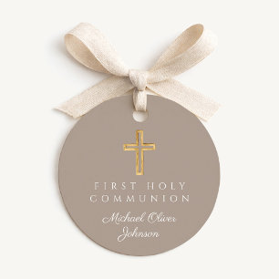 Elegant Taupe Cross First Communion Round Favour Tags