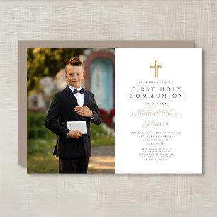 Elegant Taupe Cross Photo Boy First Communion   Invitation