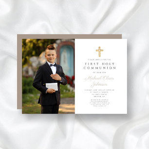 Elegant Taupe Cross Photo Boy First Communion Invitation