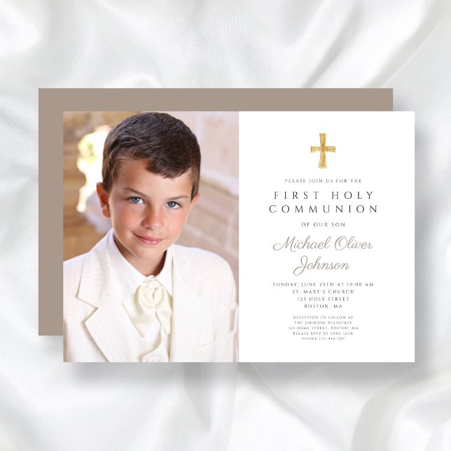 Elegant Taupe Cross Photo Boy First Communion Invitation (Elegant Taupe Cross Photo Boy First Communion Invitation
)