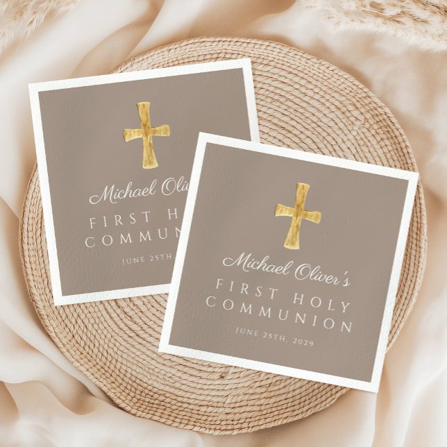 Elegant Taupe Cross Religious First Communion Napkin (Elegant Taupe Cross Religious First Communion Napkins)
