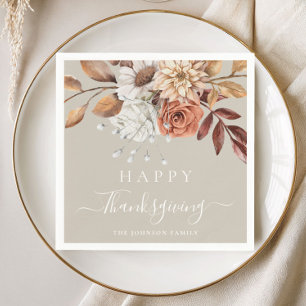 Elegant Taupe Fall Floral Happy Thanksgiving Napkin