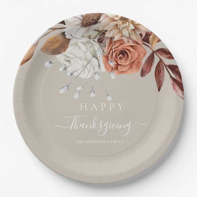Elegant Taupe Fall Floral Happy Thanksgiving Paper Plate (Front)