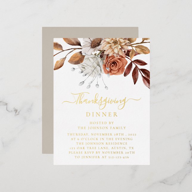 Elegant Taupe Fall Floral Leaves Thanksgiving Gold Foil Invitation Postcard (Front/Back)