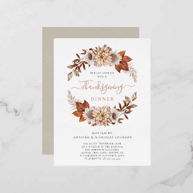 Elegant Taupe Fall Leaves Thanksgiving Dinner  Foil Invitation Postcard (Front/Back)