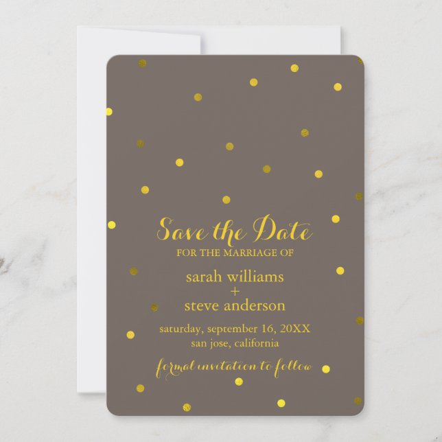 Elegant Taupe Faux Gold Foil Dots Save the Date (Front)