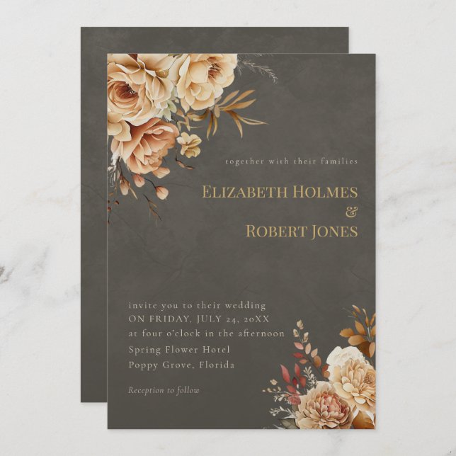Elegant Taupe Floral Wedding Invitation (Front/Back)