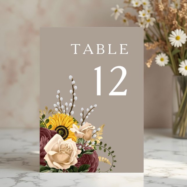Elegant Taupe Floral Wedding Table Number (Elegant Taupe Floral Wedding Table Number)