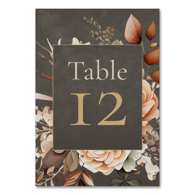 Elegant Taupe Floral Wedding Table Number (Front)