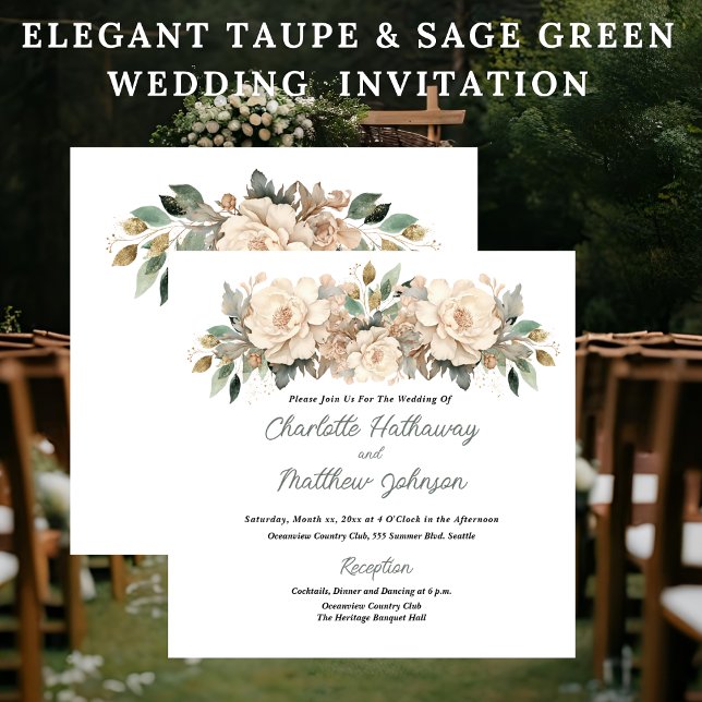 Elegant Taupe Floral Wedding with Sage Green Invitation (Elegant Taupe Floral Wedding Invitation with Sage Green)
