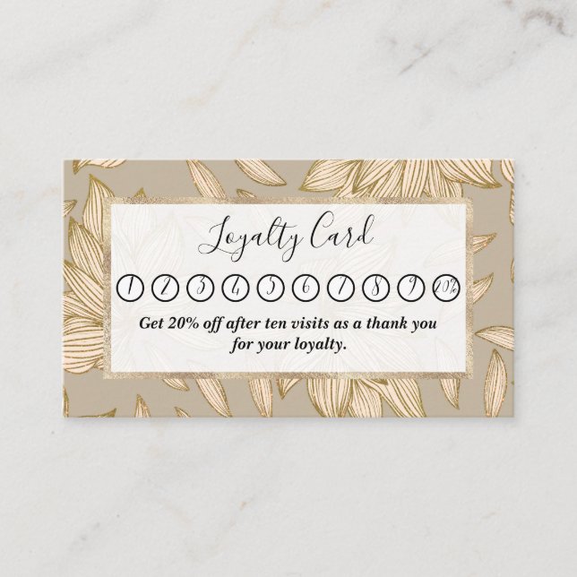 Elegant Taupe Gold Glitter Floral Line Art Loyalty Card (Front)