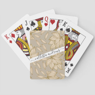 Elegant Taupe Gold Glitter Floral Line Art Playing Cards