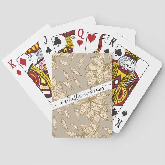 Elegant Taupe Gold Glitter Floral Line Art Playing Cards (Back)