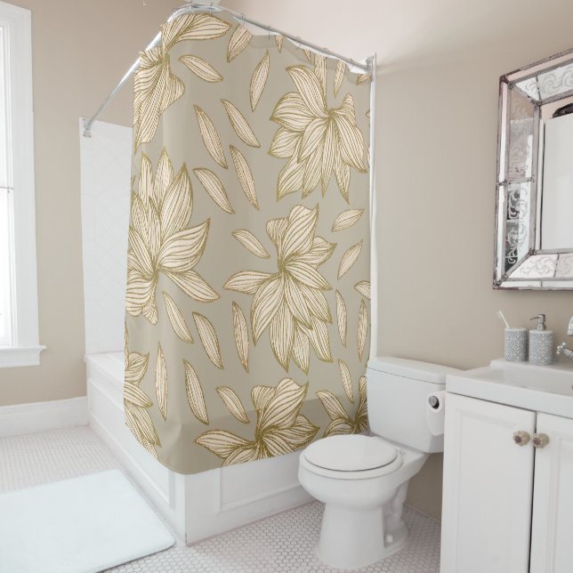 Elegant Taupe Gold Glitter Floral Line Art Shower Curtain (In Situ)