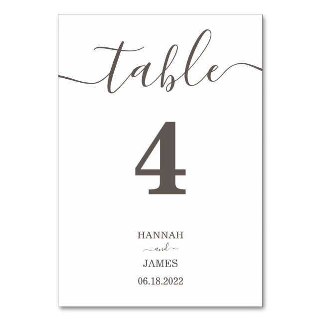 Elegant Taupe Grey Typography Calligraphy Wedding Table Number (Front)