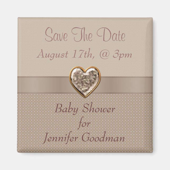 Elegant Taupe Heart Jewel Save The Date Baby Magnet (Front)