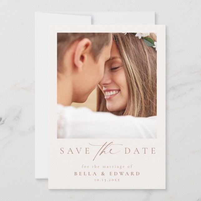 Elegant Taupe Ivory Photo  Wedding Save The Date (Front)