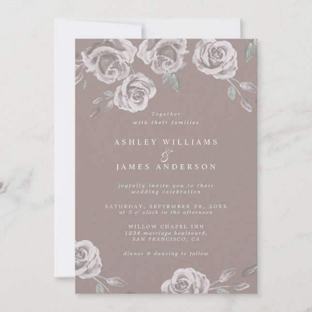 Elegant Taupe Mauve Watercolor Rose Invitation (Front)