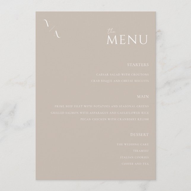 Elegant Taupe Modern Minimalist Wedding Menu (Front)