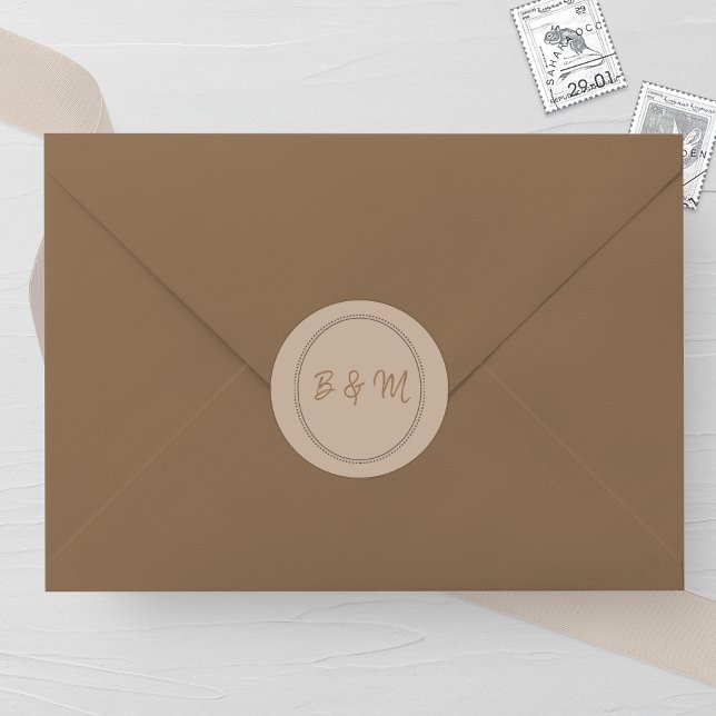 Elegant Taupe Monogram Wedding Classic Round Sticker (Creator Uploaded)