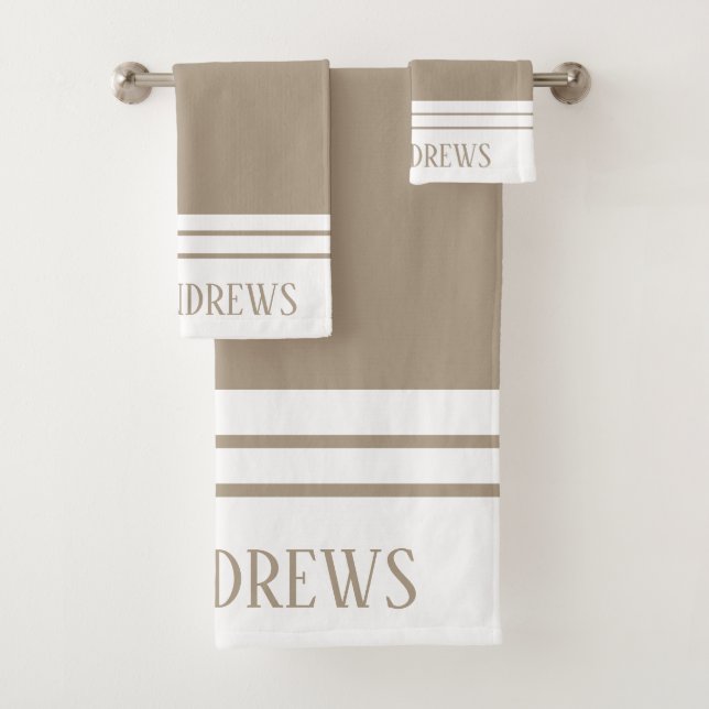 Elegant Taupe Monogrammed Name Bath Towel Set (Insitu)