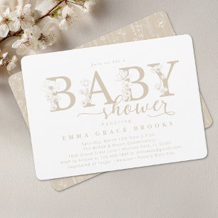 Elegant Taupe Neutral Floral Baby Shower Typograph Invitation