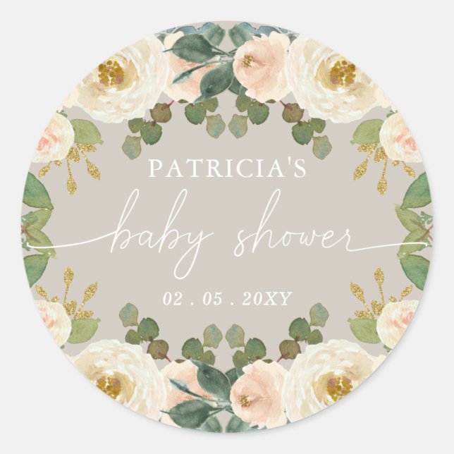 Elegant Taupe Peach Floral Baby Shower Classic Round Sticker (Front)