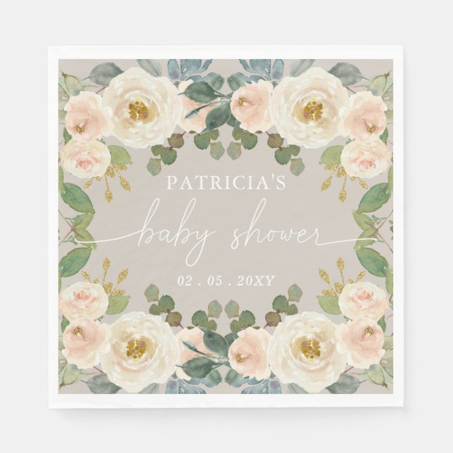 Elegant Taupe Peach Floral Baby Shower Napkin (Front)