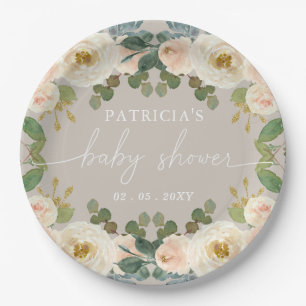 Elegant Taupe Peach Floral Baby Shower Paper Plate