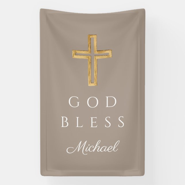 Elegant Taupe Religious Cross Boy God Bless Banner (Vertical)