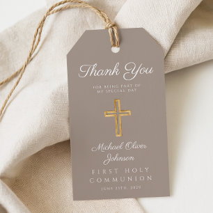 Elegant Taupe Religious Cross First Communion Gift Tags