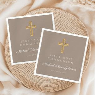Elegant Taupe Religious Cross First Communion Napkin
