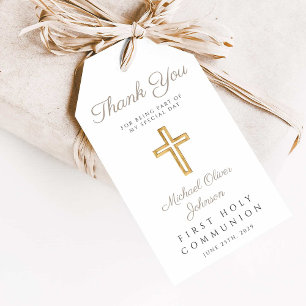 Elegant Taupe Religious First Holy Communion Gift Tags