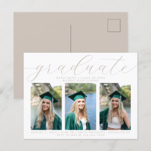 Elegant Taupe Script Minimalist Graduation 3 Photo Invitation Postcard