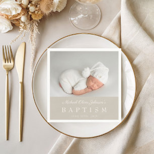 Elegant Taupe Script Photo Baptism Napkin