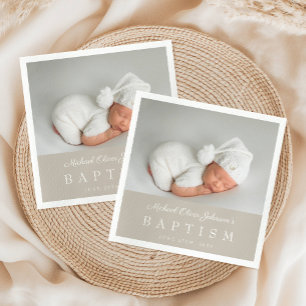 Elegant Taupe Script Photo Baptism Napkin