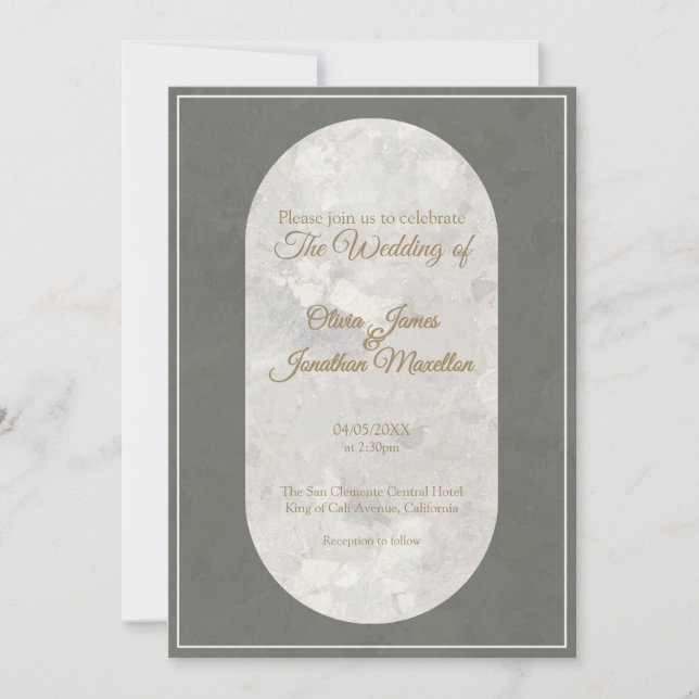 Elegant Taupe Stone Marble Green Wedding Invitation (Front)