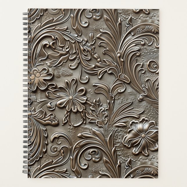 Elegant taupe tooled leather  planner (Front)