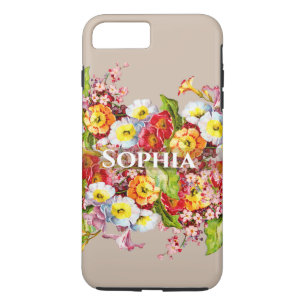    Elegant Taupe Vintage Flowers Personalised Name iPhone 8 Plus/7 Plus Case