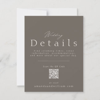 Elegant Taupe Wedding Details Card with QR Code 
