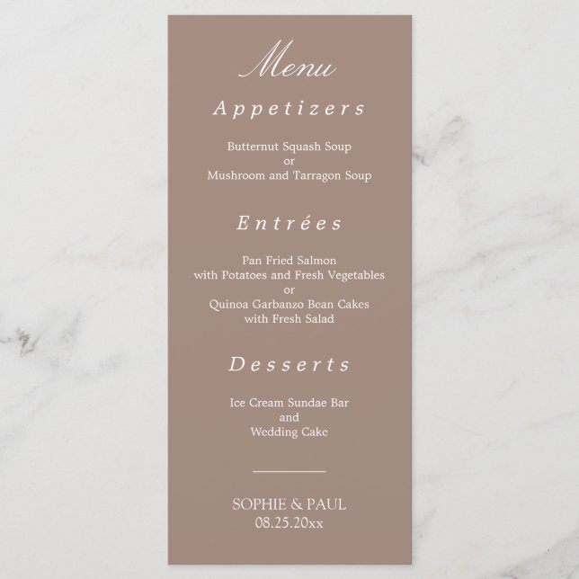 Elegant Taupe Wedding Menu (Front)