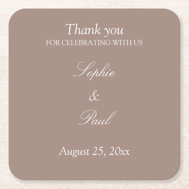 Elegant Taupe Wedding Thank You Square Paper Coaster (Front)
