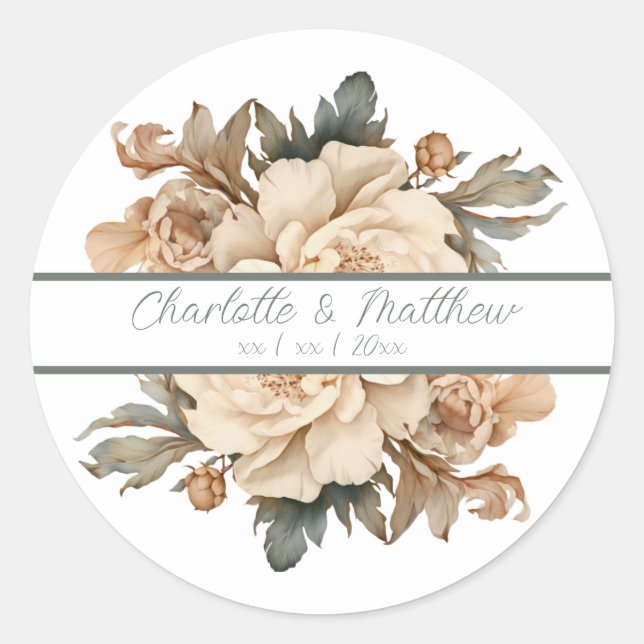 Elegant Taupe With Green Floral Wedding Classic Round Sticker (Front)