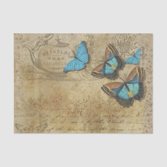 Elegant Tea Background Striking Blue Butterflies Tissue Paper (Front)