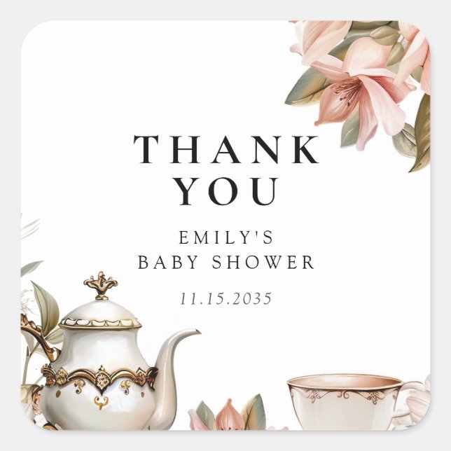 Elegant Tea Party Baby Shower Square Sticker (Front)
