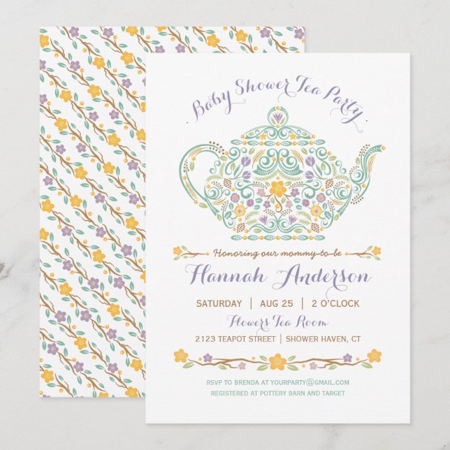 Elegant Tea Party Baby Shower - Teapot Invitation (Front/Back)