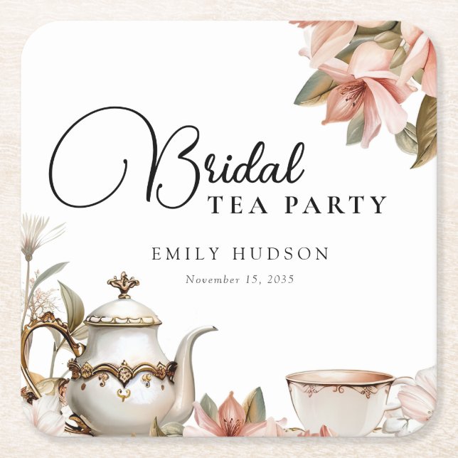 Elegant Tea Party Bridal Shower Square Paper Coaster (Front)